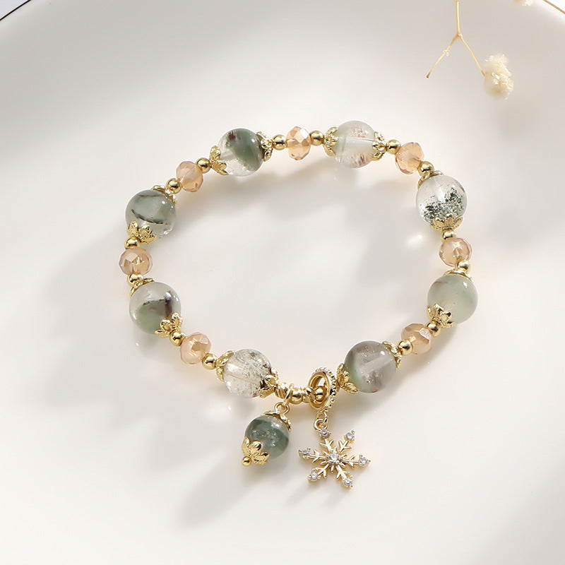 Natural Green Ghost Crystal Bracelet with Snowflake Pendant – Elegant Serenity & Winter Charm