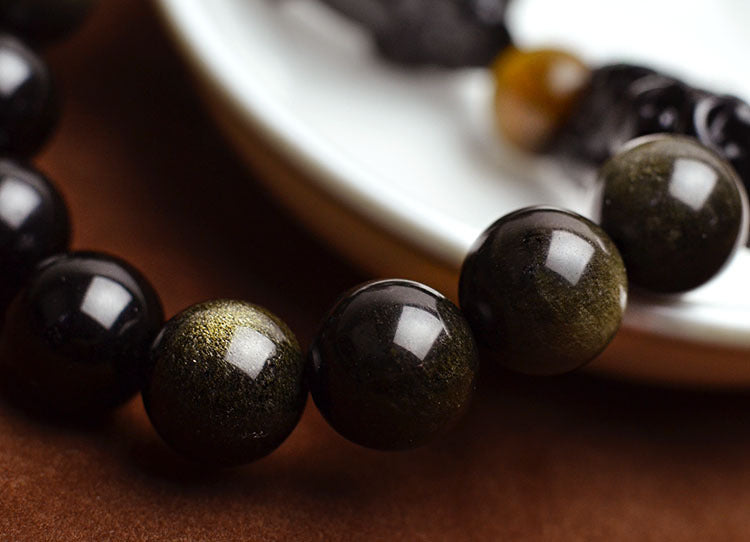 Natural Gold Obsidian & Tiger Eye Pixiu Bracelet – Wealth, Power & Protection