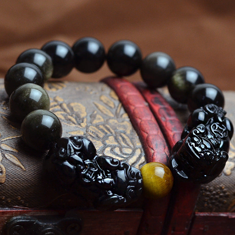 Natural Gold Obsidian & Tiger Eye Pixiu Bracelet – Wealth, Power & Protection