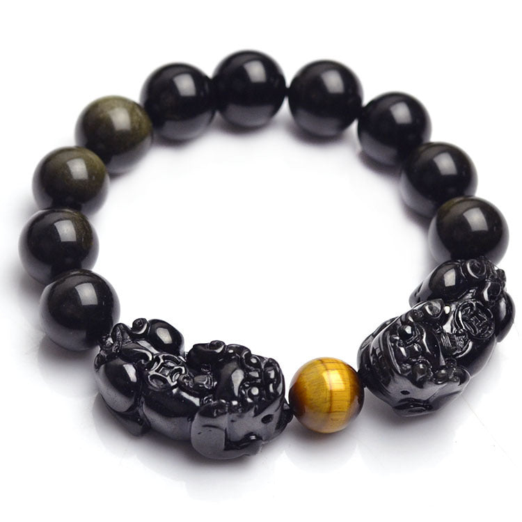 Natural Gold Obsidian & Tiger Eye Pixiu Bracelet – Wealth, Power & Protection