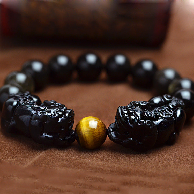 Natural Gold Obsidian & Tiger Eye Pixiu Bracelet – Wealth, Power & Protection