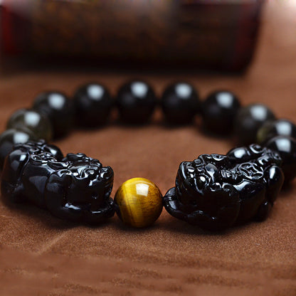 Natural Gold Obsidian & Tiger Eye Pixiu Bracelet – Wealth, Power & Protection