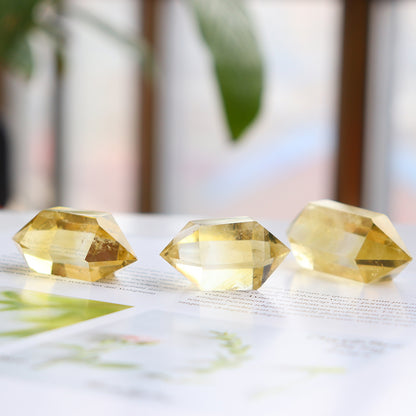 Natural Citrine Double-Pointed Hexagonal Crystal Column Rough Polished