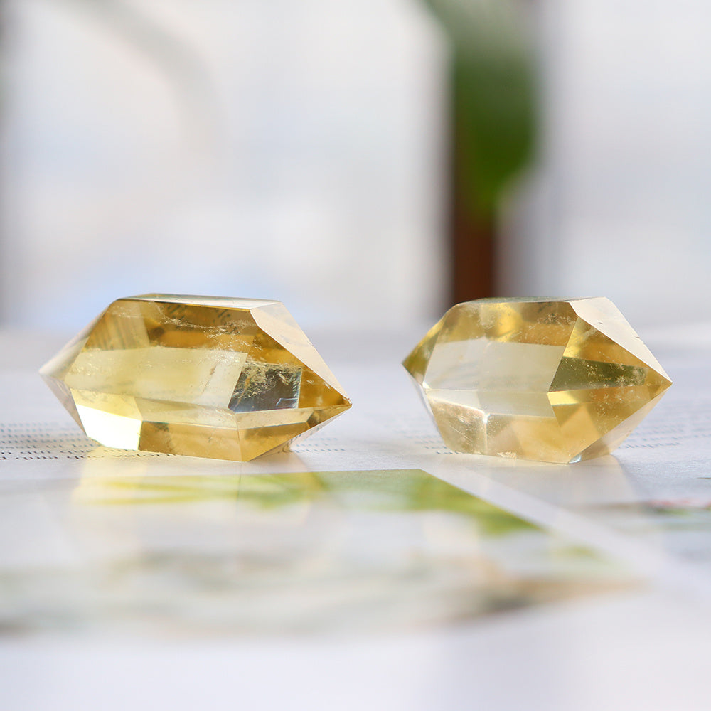 Natural Citrine Double-Pointed Hexagonal Crystal Column Rough Polished