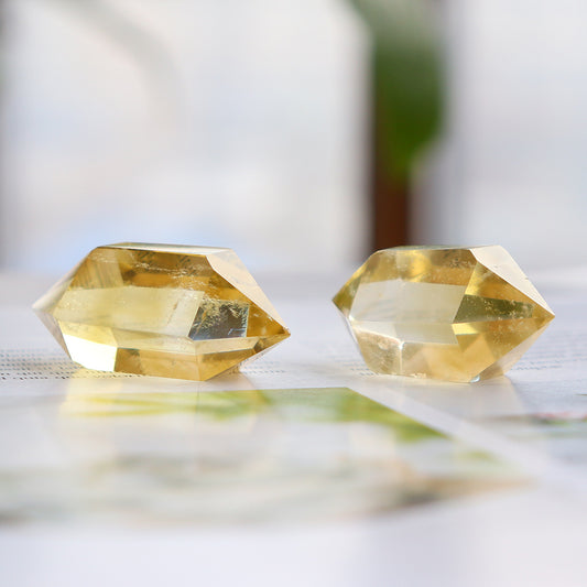 Natural Citrine Double-Pointed Hexagonal Crystal Column Rough Polished