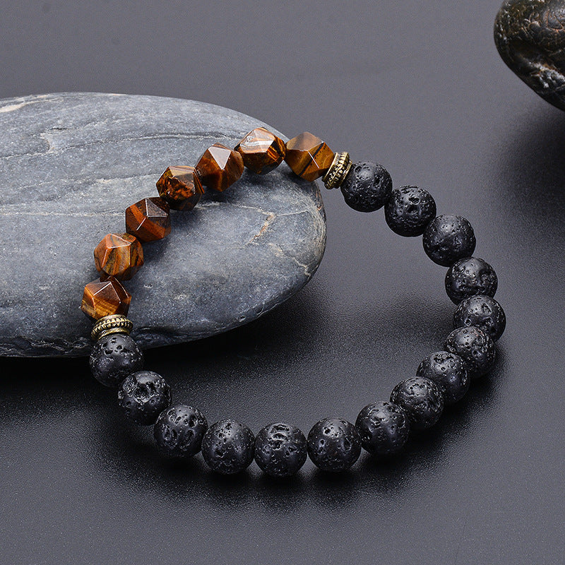 Natural Cut Surface Tiger Eye & Black Lava Stone Bracelet – Strength & Stability