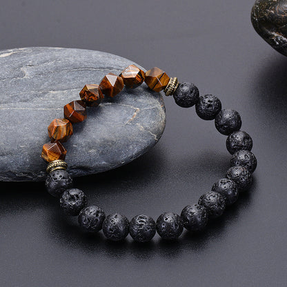 Natural Cut Surface Tiger Eye & Black Lava Stone Bracelet – Strength & Stability