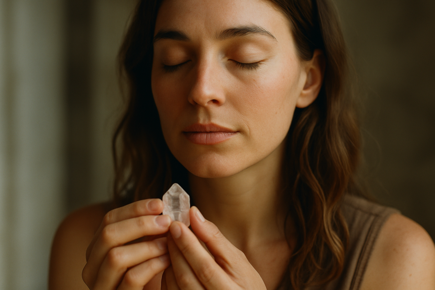 a real beautiful woman holding a small crystal and close her eyes, feeling something