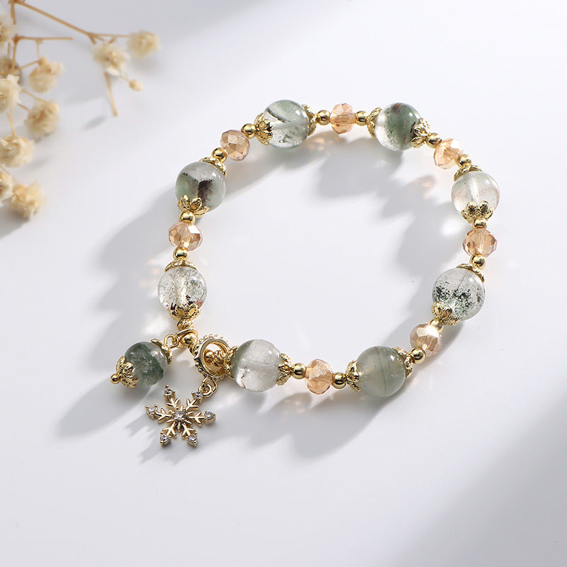 Natural Green Ghost Crystal Bracelet with Snowflake Pendant – Elegant Serenity & Winter Charm