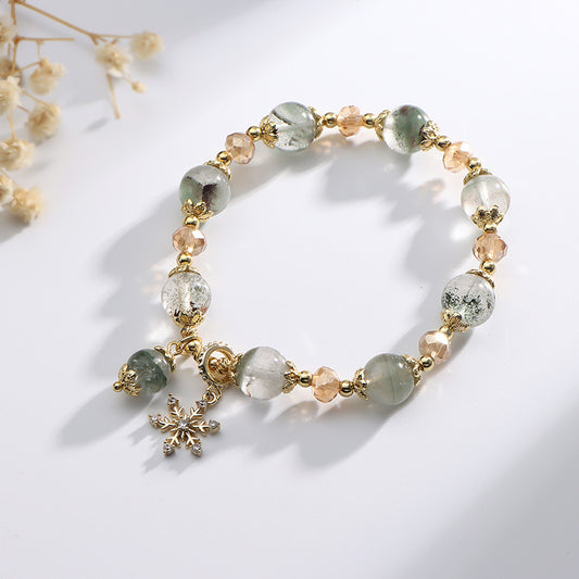 Natural Green Ghost Crystal Bracelet with Snowflake Pendant – Elegant Serenity & Winter Charm
