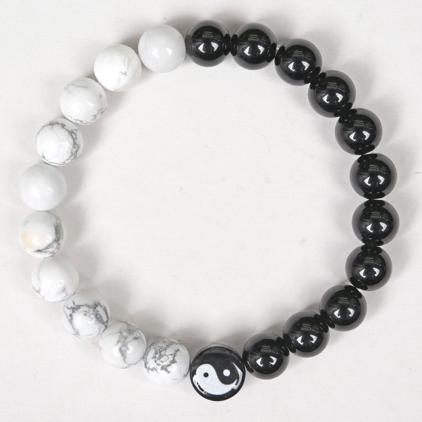 White Turquoise & Obsidian Bracelet with Yin Yang Symbol