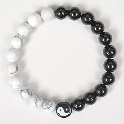 White Turquoise & Obsidian Bracelet with Yin Yang Symbol