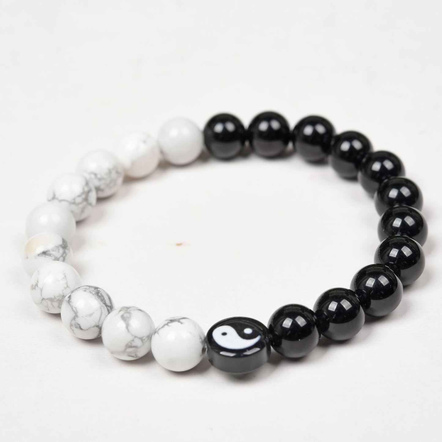 White Turquoise & Obsidian Bracelet with Yin Yang Symbol