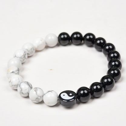 White Turquoise & Obsidian Bracelet with Yin Yang Symbol